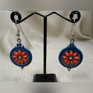 Blue and Coral Floral Earrings With Silver Tone Accents